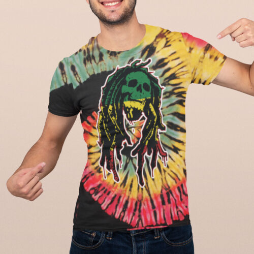 Bob Marley Flag Music Skull Color Spiral Reverse Tie Dye T-shirt