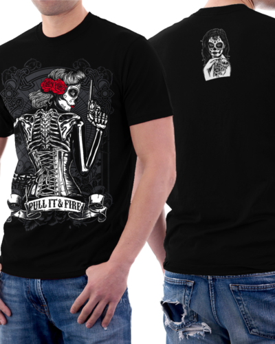 Rose Lady Muerte Pull It and Fire Skull T-shirt