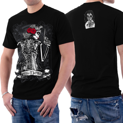 Rose Lady Muerte Pull It and Fire Skull T-shirt