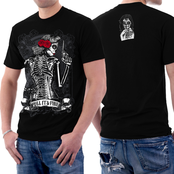 Rose Lady Muerte Pull It and Fire Skull T-shirt